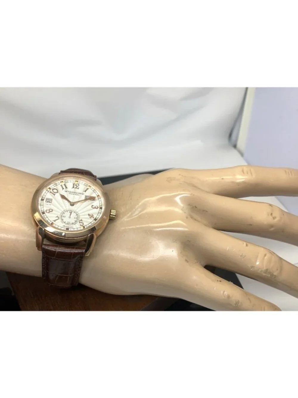 Stuhrling Men's Watch Automatic Silver Dial Rose Gold Brown Leather Strap 40mm